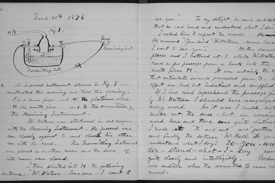 Two handwritten pages of a nineteenth-century laboratory notebook with a small sketch of apparatus and dated entries